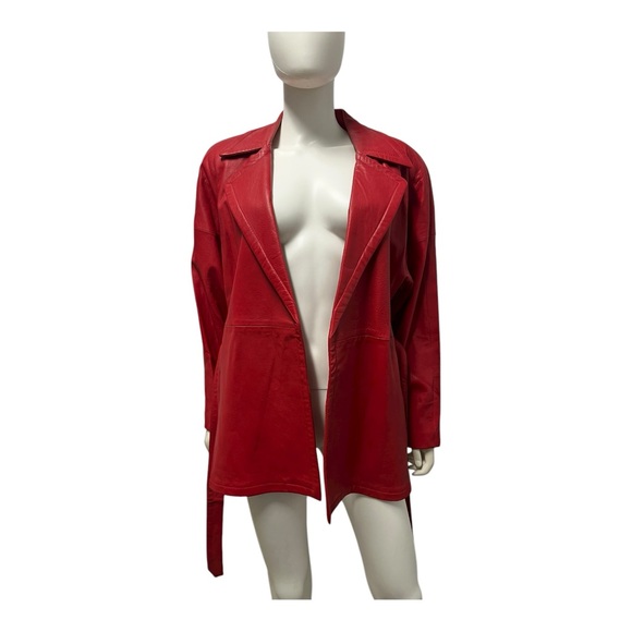 VTG 90s REMY GLAM ROCK Red Soft Leather Midi Belted Trench Coat Womens Medium - Picture 8 of 11